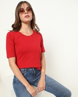 Shop Women's Red Elbow Sleeve Scoop Neck T-shirt-Front