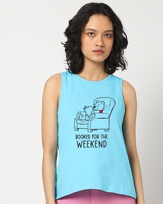 Shop Women's Blue Booked For The Weekend Typography Tank Top-Front