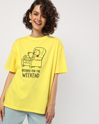 Shop Women's Yellow Booked For The Weekend Typography Boyfriend T-shirt-Front