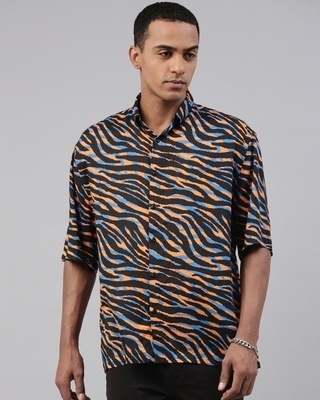 Shop Breakbounce Men's Orange Abstract Printed Boxy Fit Shirt-Front