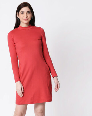 Shop Brick Red High Neck Pocket Dress-Front