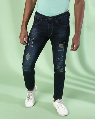 Shop Campus Sutra Men's Blue Self Design Regular Fit Jeans-Front