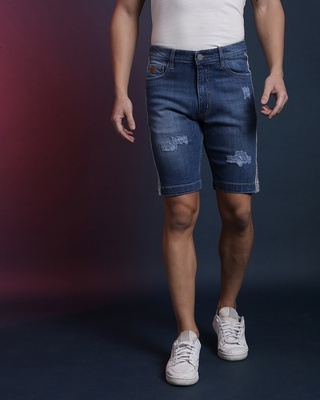 Shop Campus Sutra Men's Blue Slim Fit Shorts-Front