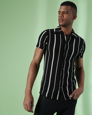Shop Men's Black & White Striped Regular Fit Shirt-Front