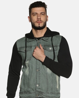 Shop Campus Sutra Men Solid Styles Hooded Casual Denim Jacket-Front