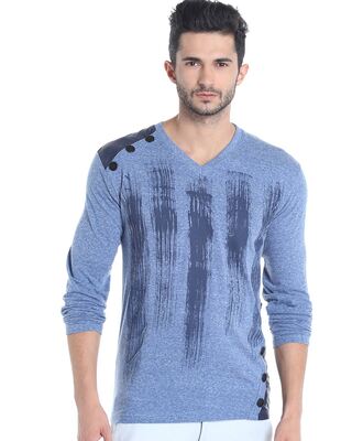 Shop Printed Men's V Neck Full Sleeve Blue T-Shirt-Front