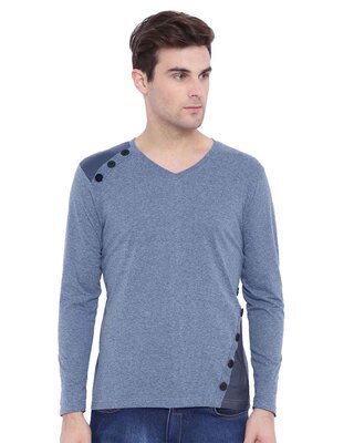 Shop Solid Men's V Neck Blue T-Shirt-Front