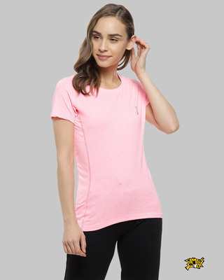 Shop Campus Sutra Solid Women Round Neck Pink Sports Jersey T-Shirt-Front