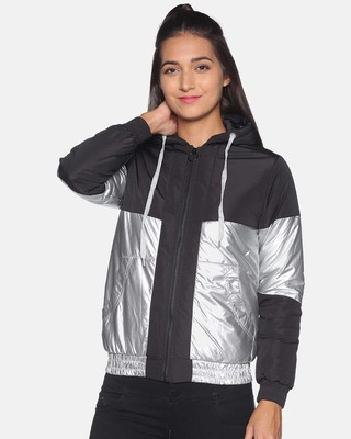 Shop Women's Black Colorblock Stylish Casual Bomber Jacket-Front