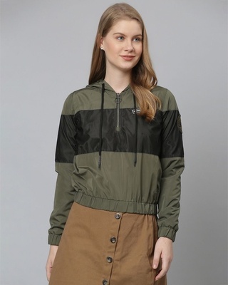 Shop Women's Green Colourblocked Windcheater Bomber Jacket-Front