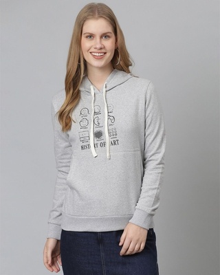 Shop Women's Grey Printed Stylish Casual Hooded Sweatshirt-Front