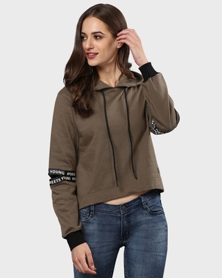 Shop Women's Green Solid Cut Sleeve Stylish Casual Sweatshirt-Front