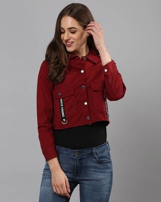 Shop Women's Maroon Solid Stylish Casual Denim Jacket-Front