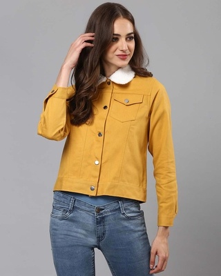 Shop Women's Yellow Stylish Casual Denim Jacket-Front