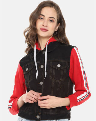 Shop Women's Black & Red Stylish Casual Denim Jacket-Front