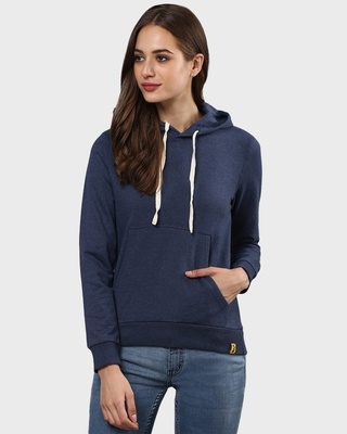 Shop Women's Blue Solid Stylish Casual Hooded Sweatshirt-Front