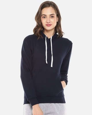 Shop Women's Blue Solid Stylish Casual Hooded Sweatshirt-Front