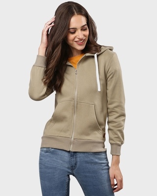Shop Women's Green Solid Stylish Casual Zipper Hooded Sweatshirt-Front