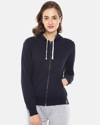 Shop Women's Blue Solid Stylish Casual Zipper Hooded Sweatshirt-Front