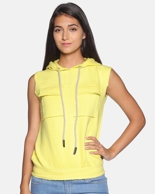 Shop Women's Solid Yellow Stylish Sleeveless Casual Sweatshirt-Front