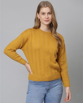 Shop Women's Yellow Striped Stylish Casual Sweater-Front