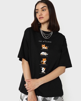 Shop Women's Black Cat O'Clock Graphic Printed Oversized T-shirt-Front