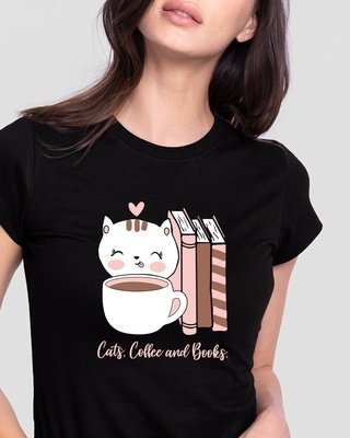 Shop Women's Black Cats Coffee And Books Graphic Printed Slim Fit T-shirt-Front