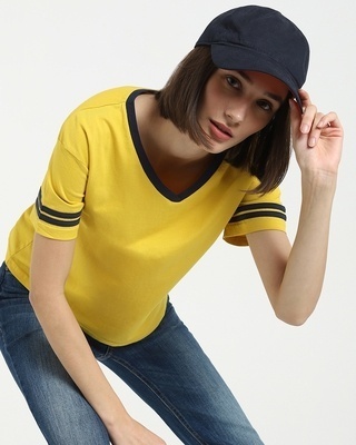 Shop Ceylon Yellow V Neck Stripe Sleeves T-Shirt-Front