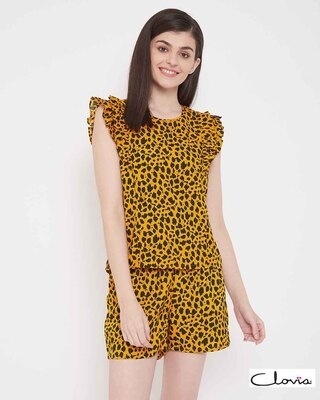 Shop Clovia Animal Print Top & Shorts Set in Yellow- Crepe-Front