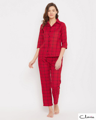 Shop Clovia Classic Checks Button Me Up Shirt & Pyjama Set-Front