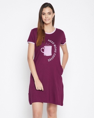 Shop Clovia Coffee Mug and Text Print Short Nightdress in Wine Colour- Pure Cotton-Front