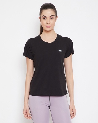 Shop Clovia Comfort Fit Active T-shirt in Black - Cotton Rich-Front