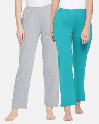 Shop Clovia Cotton Pack of 2 Chic Basic Pyjama Pants With Pocket - Green & Grey-Front