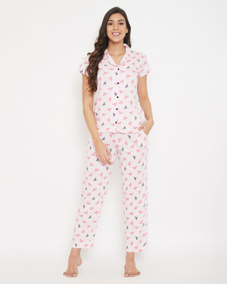 Shop Clovia Fly Print Button Me Up Shirt & Pyjama Set in Baby Pink-Front