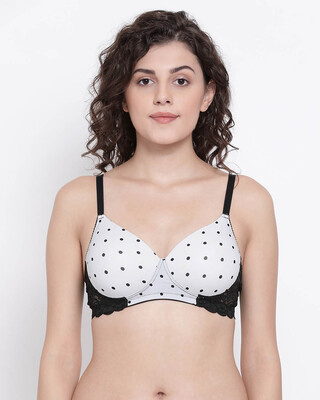 Shop Padded Non Wired Full Cup Polka Print T-Shirt Bra In White-Front