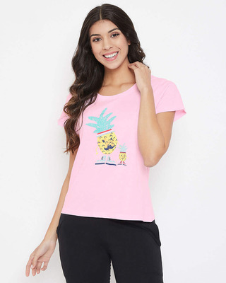 Shop Pineapple Print Top In Baby Pink 100% Cotton-Front