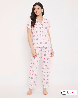 Shop Clovia Pretty Florals Button Me Up Shirt & Pyjama in Baby Pink - 100% Cotton-Front