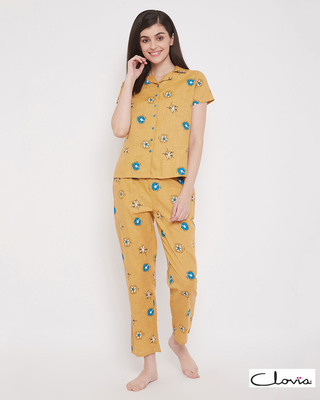 Shop Clovia Pretty Florals Button Me Up Shirt & Pyjama Set in Mustard - 100% Cotton-Front