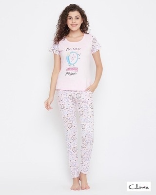 Shop Clovia Quirky Top & Pyjama Set in Baby Pink - 100% Cotton-Front