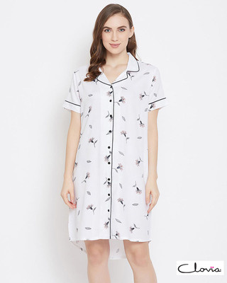 Shop Clovia Rayon Button Down Collar Sleepshirt-Front