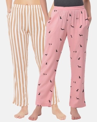 Shop Clovia Rayon Pack of 2 Printed Pyjama Pants - Pink & Yellow-Front