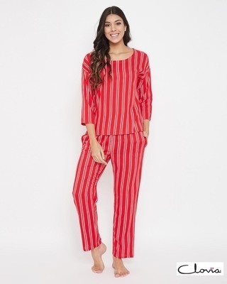 Shop Clovia Sassy Stripes Top & Pyjama Set in Red - Cotton Rich-Front
