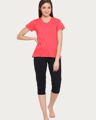 Shop Clovia Solid Sleep T-Shirt in Red - Cotton Rich-Front