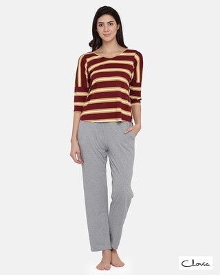 Shop Clovia Striped Top & Pyjama Set in Maroon & Grey - Cotton Rich-Front