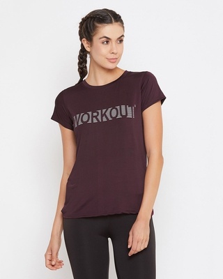 Shop Clovia Text Print Activewear T-Shirt in Dark Purple-Front