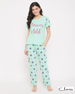 Shop Clovia Text Print Top & Pretty Florals Pyjama in Sea Green - 100% Cotton-Front