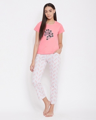 Shop Clovia Unicorn Top & Pyjama Set in Coral Pink- Cotton-Front