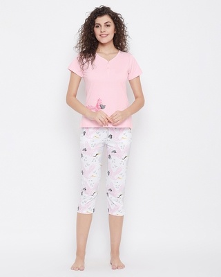 Shop Clovia Wild At Heart Top & Capri Set in Pink & White- 100% Cotton-Front