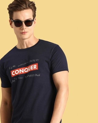 Shop Men's Blue Conquer Strip Typography T-shirt-Front