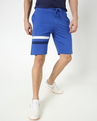 Shop Dazzling Blue Men's Solid One Side Printed Strip Shorts-Front